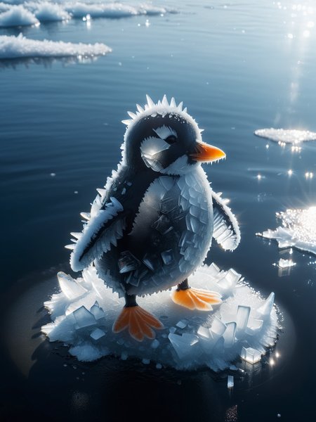 penguin  covered in mad-ice standing on ice float, cinematic shot,  ocean, sunshine <lora:Ice_SDXL:1>, raw photo, film grain, Fujifilm XT3, (photorealistic, realistic:1.2), deep shadow,  8k, uhd, dslr, ultra high res