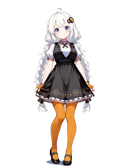 ((((((masterpiece)))))), ((((((best quality)))))), ((((((very aesthetic)))))), ((((((absurdres)))))),  masterpiece, best quality, absurdres, facing viewer, hair ornament, black dress, short sleeves, striped legwear, pantyhose, full body, 
1girl, Kizuna Akari, white hair, blue eyes, braid,