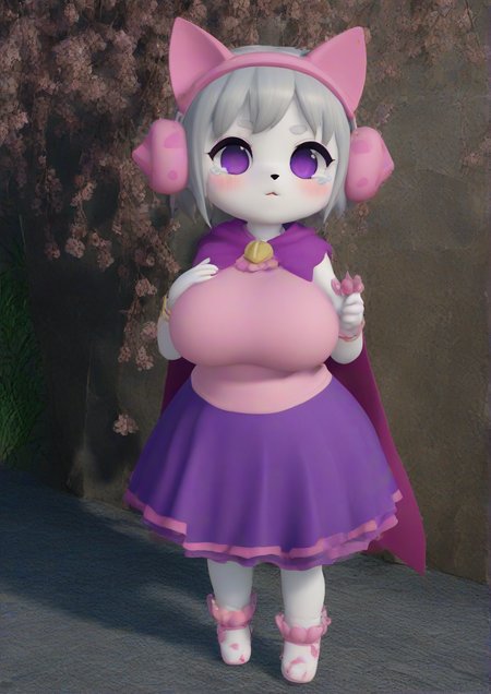 1girl, huge breast, furry, furry female, 3d, cat girl, cat ears, blush, bracelet, cape, chibi, crying, earmuffs, frilled skirt, frills, full body, holding, jewelry, looking at viewer, parted lips, paw print, pink shirt, purple skirt, ritual baton, shirt, skirt, sleeveless, sleeveless shirt, solid oval eyes, solo, standing, tears, thought bubble,  zPDXL3<lora:Virt-A-Mate_furry_VAM:1>