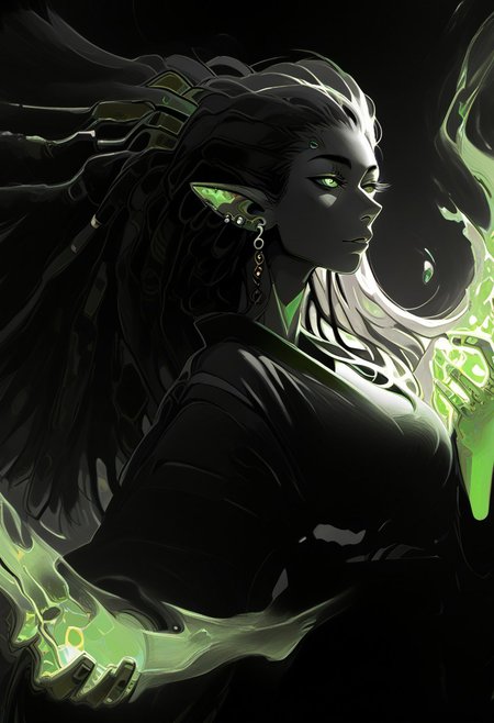 score_9, score_8_up, score_8, female, cel-shading, backlit, delicate features, very long hair, (dreadlocks), upper body, big breasts, techwear, cyborg, pointy elf ears, multiple ear piercings, techwear, dynamic pose, freckles, tan, colorvsgrey, monochrome, green glowing machine parts, hair oranments, kimono, electrical arcs,
blend_in, black background,