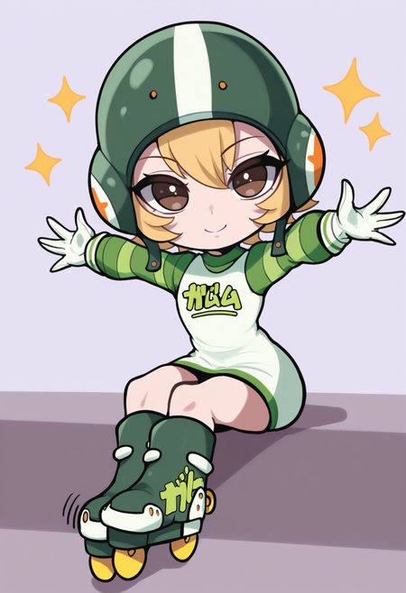 masterpiece, best quality, 1girl, solo, chibi, <lora:NSGumJSR:1> NGGumJSR, short hair, blonde hair, hair between eyes, brown eyes, helmet, short dress, long sleeves, striped sleeves, green sleeves, white dress, clothes writing, roller skates, white gloves, smile, sparkles, spread arms, meme, thick lines, simple background, white background, sitting