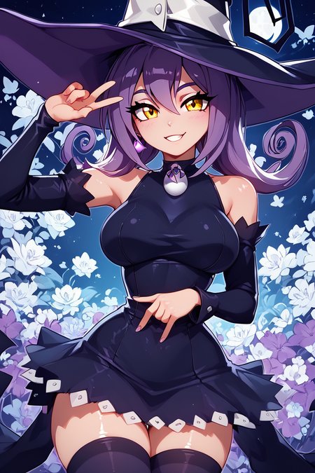 score_9, score_8_up, score_8, big breasts, (curvy), cute, eyelashes,      ,,, zzBlair, 1girl, solo, yellow eyes, purple hair, witch hat, witch, detached sleeves, black short dress, thighhighs, <lora:Blair_SoulEater_PDXL_v1:0.8> ,,, smile, looking at viewer,  moon, dark theme, white outline, cowboy shot,   ,,, shiny skin, <lora:ProAnime_PDXL_v1:0.8>, night garden, flowers, soft shadows, moonlight reflecting off skin, whisper of wind, ,,,  embedding:zPDXL, Expressiveh,  <lora:SDXLFaeTastic2400:0.5>,  <lora:Expressive_H-000001:0.4>,
