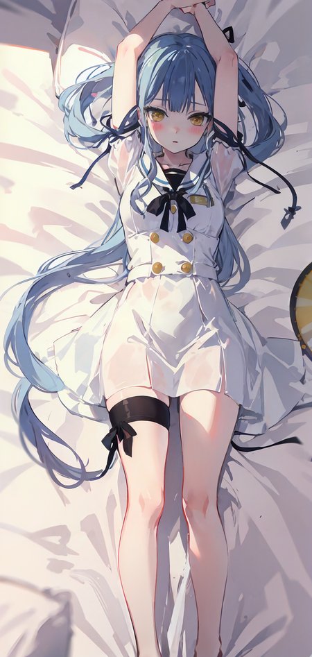 masterpiece,absurdres,lying on bed,
eye_contact,
<lora:char-mygo_ä¸°å·ç¥¥å­togawa_sakiko_bangdreamitsmygo:0.6>,togawa_sakiko_bangdreamitsmygo,äºº-mygo-mygo_ä¸°å·ç¥¥å­togawa_sakiko_bangdreamitsmygo,
long_hair,bangs,ribbon,hair_ribbon,black_ribbon,white_dress,yellow_eyes,Reach out to viewer,(miniskirt:0.7),sidelocks,blue_hair,
from_above,legs,
blush,parted lips,shy,, masterpiece, best quality,absurdres,1girl,solo,front view,white background,looking_at_viewer,eye contact,