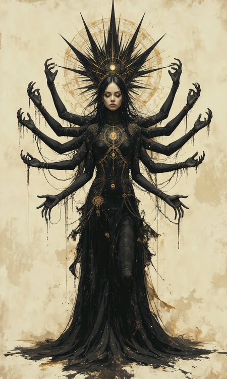 A full shot captures a digital artwork of a multi-armed, goddess-like figure, rendered in a dark, gothic style with a limited color palette dominated by blacks and off-whites, with subtle hints of gold, all against the off-white background. The figure's Body Pose is standing tall and facing the camera directly, with multiple arms extending outwards in various directions, creating a symmetrical and imposing presence, the pose conveys a sense of power and otherworldly authority. The image composition uses sharp lines, intricate details, and a high-contrast style, suggesting a blend of digital painting and illustration techniques. Above the figure's head, a large, black, spiked halo resembling a stylized sunburst is depicted, with a smaller, white halo within it, creating a sense of celestial or divine power, with a small glowing circle on the center of the forehead. The figure's face is partially obscured, with only the lower portion visible, revealing dark skin and closed eyes, and a small symbol just below the inner halo. She appears to have eight arms, extending gracefully. Her hair, or what appears to be hair, is a mass of long, flowing, black tendrils that blend seamlessly into the lower portion of her garment, resembling a long, flowing skirt or robe. She is wearing a form-fitting, black garment that covers her torso and legs, with intricate, lace-like patterns adorning the bodice, sleeves, and portions of the "skirt", with A glowing, golden symbol resembling a stylized sun is positioned on her chest. The background is a plain, off-white surface, with subtle texture and gradients, resembling aged paper or parchment, providing a stark contrast to the dark figure. The lighting appears to be soft and diffused, originating from the front and above, casting subtle shadows and highlights on the figure, emphasizing the textures of the hair, garment, and halo, and highlighting its features., <lora:FLUX-daubrez-DB4RZ-v2:0.35> DB4RZ, DB4RZ style painting
<lora:ILLUSTRATION (FLUX) - V3.1:0.35> illustranion
