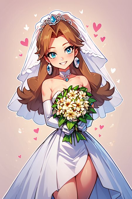 score_9, score_8_up, score_8, medium breasts, (curvy), cute, eyelashes,       BREAK, , <lora:Molly_Pokemon_PDXL:0.8>,  zzMolly,  blue eyes, brown hair, parted bangs, long hair,  , BREAK, smile, looking at viewer,  bride, wedding dress, bridal veil, strapless dress, elbow gloves,  holding bouquet,  hearts, white outline, cowboy shot, embedding:zPDXL, Expressiveh, <lora:CatalystStylePDXL:0.6>,  <lora:SDXLFaeTastic2400:0.5>,  <lora:Expressive_H-000001:0.4>,