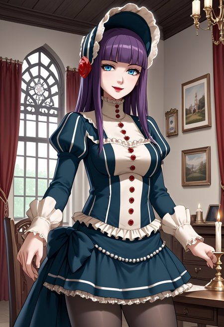 score_9,score_8_up,score_7_up,source_anime,5_figner,2d_animation,game cg,BREAK,1girl,solo,Loretta Lecarde,purple hair,blunt bangs,hime cut,blue eyes,long hair,red lips.lolitafashion,bonnet,pantyhose,red rose,dress,mini skirt,
medium breasts,smile,front view,cowboy short,looking at viewer,
red curtain.gothic room,medieval interior,
indoor,window,chandelier,candle,white wall, 
desk,chair,blackboard,window, 
masterpiece,best qualit,ultra-detailed,illustration,an extremely delicate and beautiful,beautiful detailed eyes,unity 8k wallpaper,high resolution,anime CG,official_art,
