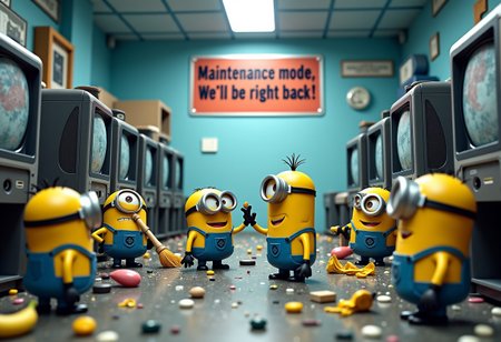 multiple minions working to clean up a big room full of debris and broken machines, on a corner a minion with a hammer is hitting the top of a broken computer monitor, there is broken glass on the floor and a banana peel, one minion is sweeping the floor, one minion is smiling and waving at the viewer, one rude minion sticking out the tongue, another minion getting ready to light the fuze of a bomb, while another minion close by is covering his ears with his hands.  A big sign hanging from the ceiling that reads "Maintenance mode, we'll be right back ! "