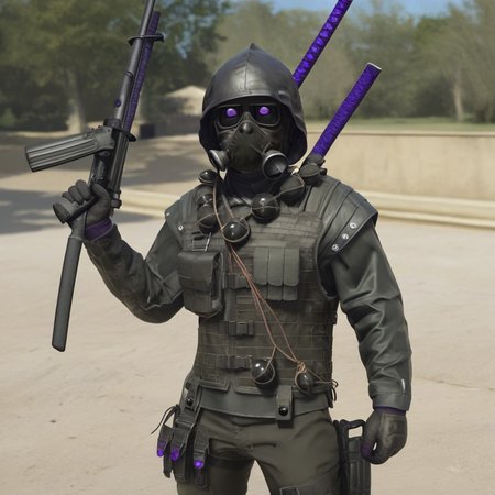 male focus, holding, outdoors, holster, rifle, katana, gas mask, vest, weapon, purple eyes, helmet