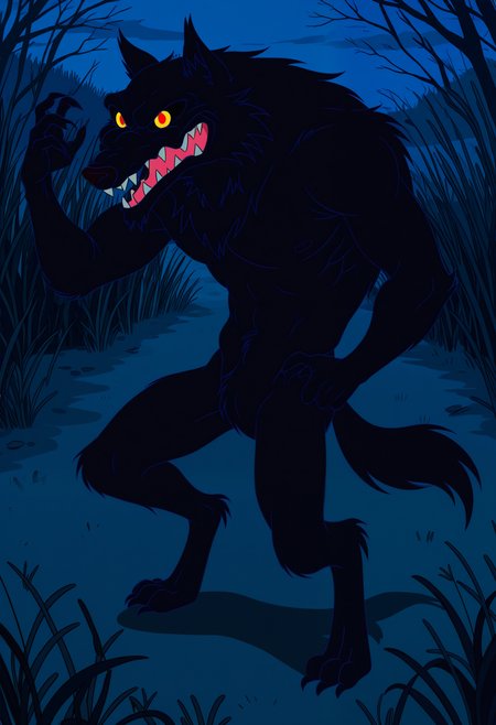 masterpiece,best quality,amazing quality, 1boy, solo, w0lv3s, wolf, black fur, colored sclera, red eyes, full body, outdoors,