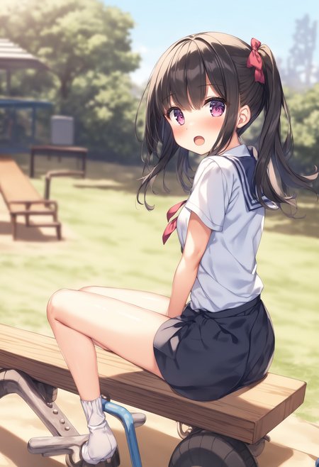 1girl, <lora:sdxl2-flat2-512b:-1>,medium breasts,school uniform,
<lora:seesawXLv2:0.8>,seesaw, solo, outdoors, day,park, legs apart, playground, sitting,  spread legs,
from side, feet out of frame, looking back, guilt, open mouth,
best quality,medium quality,