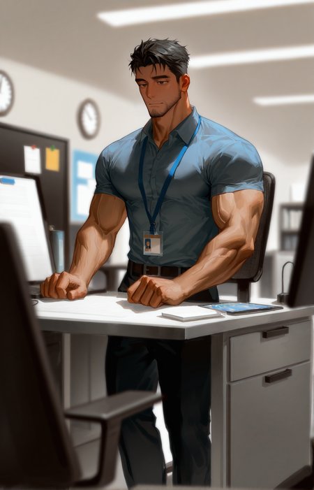 <lora:Random_style_lora_Illustrious:1>, ((rtxon, scenry, depth of field, wide shot, office)), man, ,, masterpiece,best quality,amazing quality,very aesthetic,high resolution,ultra-detailed,absurdres,
solo, male focus, muscular male, muscular male, bara, mature, (very short hair, beard, bara, mature, facial hair, stubble), facial hair, bara, mature,
aixiwuganda_(20222192), very awa, masterpiece, best quality, absurdres, newest, perfect quality, detailed background, intricate details,
<lora:slider_Body Type_alpha1.0_rank4_noxattn_last:2><lora:style_Anime Summer Days 2 Style SDXL_LoRA_Pony Diffusion V6 XL:.6><lora:slider_cfg_scale_boost:.7><lora:Artist6p:.55> Artist6p, Artist04p,<lora:slider_il_brightness_slider_d1:-1><lora:slider_il_contrast_slider_d1:-1><lora:slider_DarkSlider1.2_alpha1.0_rank16_full_300steps:-.6>