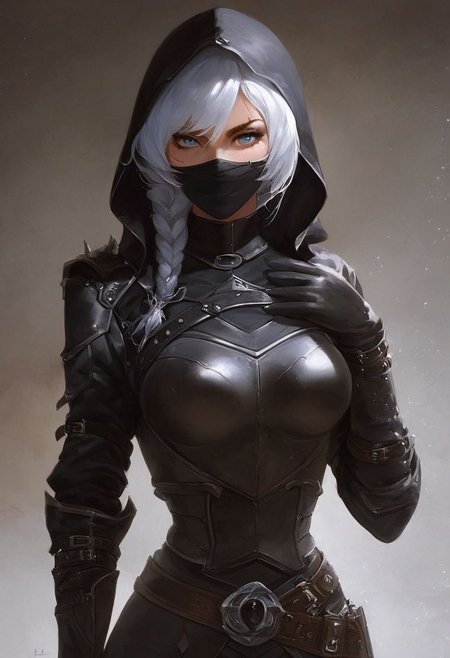 score_9, score_8_up, sexy 20yo girl, naturalism,hyperrealistic, Weiss Schnee, RWBY, toned, black leather armor, fantasy assassin, ((Nightingale Armor)), hood, mouth mask, scar on the eye and eyebrows, three-quarter pose:1.6, fully clothed, hair tied in thick braid, (((fantasy rogue aesthetic))), upper body focus, solo