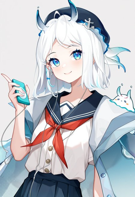 1girl,remi vtuber,earphones,earbuds,skirt,solo,horns,school uniform,smile,virtual youtuber,holding,white background,sailor collar,looking at viewer,serafuku,beret,neckerchief,jacket,red neckerchief,shirt,white shirt,jacket on shoulders,digital media player,blue skirt,pleated skirt,simple background,
upper body,smile,cowboy shot,looking at viewer,
highres,best quality,amazing quality,very aesthetic,absurdres,year 2023,safe,
<lora:remi_Noob75:1>,