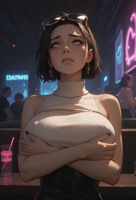 score_9, score_8_up, score_8. score_9, score_9,score_8_up,score_7_up,score_6_up,score_5_up, best_quality, ultra-detailed, masterpiece, close up, 
1girl, jewelry, glasses, earrings, corset, (girl looking at her breasts, looking down, head turned down), (hands under breasts, hands holding breasts, lifting breasts, adjusting breasts), rings, bare shoulders, tinted eyewear on head, ribbed sweater, sleeveless sweater, turtleneck, black nails, black skirt, large breasts, nipple bulge, 
Break
In a night club, sitting at the bar, neon lights, dark interior, neon glow, shadows, dim lighting, low light, dark,(creampie, orgasm, trembling, quivering, sweating, oiled, extreme nervous, extreme worried, looking up, nervous)wet skin