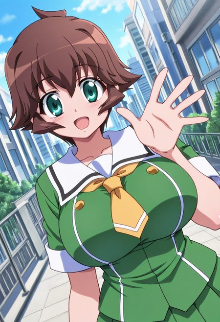 general,highres, ultra-detailed,very aesthetic,best quality ,best hands,best eyes,easynegative,
dynamic anglre, dutch angle, anime cloring,
1girl solo,looking at viewer,city,smile, open mouth, waving hand, 
Izumi Makihara,brown_hair, green_eyes, huge_breasts,school uniform,