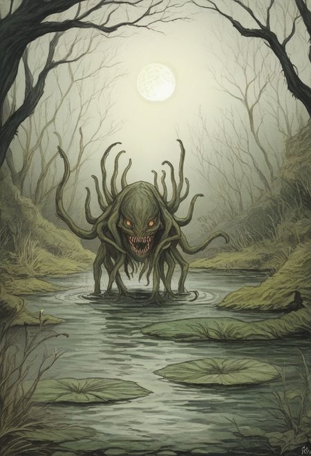 Score_9, in the style of Beatrix Potter, Cthulhu in a swamp, creepy moon