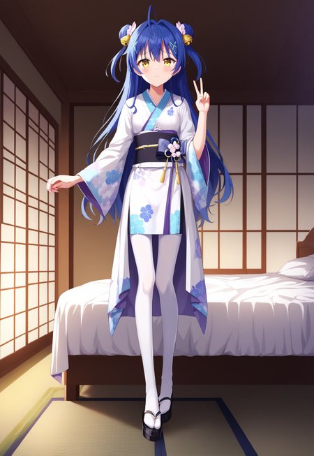 safe_pos, safe_pos, safe_pos, safe_pos, safe_pos, safe_pos, safe_pos, safe_pos, score_9, score_8_up, score_7_up, score_6_up, masterpiece, source_anime, high quality, perfect face, detailed eyes, perfecteyes, perfect balance, detailed face, detailed background, uncensored, newest, absurdres, highres, very aesthetic, highly detailed background, indoor, bedroom, bed, windows, night, by typehatena, 
AmyaKokoro, yellow eyes, blue hair, long hair, two side up, ahoge, hair bell, x hair ornament,
KokoroYkta, yellow eyes, blue hair, twin bun, hair bun, ahoge, hair bow, hair ornament, white kimono, gradient kimono, print kimono, black sash, white pantyhose,  small breasts,
1girl, solo,  full body, long legs, tall female, long calves, long legs, tall_girl,long_legs,  low angle,  very long leg,   skindentation, standing, full body shot,   full body shot:1.9, full view:1.9, closed mouth, shy, blush, peace sign