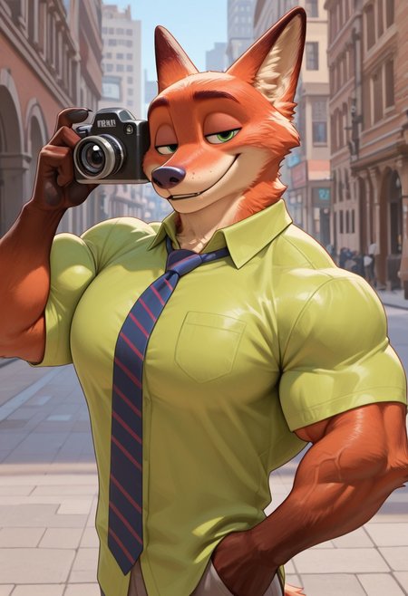 (masterpiece, best quality:1.2), amazing quality, very aesthetic, 32k, absurdres, extremely beautiful, newest, scenery, extra details, (sharp detailed:1.2),
solo, city street, sunny day,
green shirt, tie,  smiling, waking toward camera,
(anthro:1.5), (nickwilde:1.2, male anthro fox), two tone fur, fox ears, red fur, white fur, green eyes,
 <lora:Furry_Anthro_Lora_Nick_Wilde_Zootopia:0.8>
Muscle, bigger_muscles, large_muscles, hyper_muscles, huge_muscles,hyper muscles, huge_muscles, biceps, enormous_muscles, huge_biceps, huge_pecs; inflated_muscles, muscleblimp, gigantic_pecs, gigantic_biceps, gigantic_muscles, massive_muscles, massive_biceps, massive_pecs, muscular_chest, gigantic_body