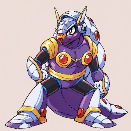 score_9, score_8_up, score_7_up, score_6_up, score_5_up, source_furry, armored armadillo, mmx, purple + gold armor, armadillo, metallic, robot animal, shell, red nose, armadillo ears, genderswap, 1girl, female, adult, breast, solo