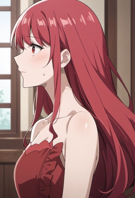 score_9, score_8_up, score_7_up, source_anime, leeler sophia, red hair, red eyes, long hair, 1girl, solo, anime coloring, blush, profile, upper body, from side, bare shoulders, dress, indoors, sweatdrop, red dress, collarbone, strapless