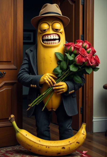 Hyper-realistic surreal photo of a sad banana with dentures, wearing a hat and a pinstriped suit. Standing by the bedroom door with a bouquet of roses, a large banana peel lay by his feet