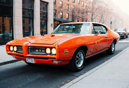 ClassicMuscleCar, orange Pontiac GTO, front side view, foggy morning, New York street, bright headlights, 4K, highly detailed, ((stylish grainy analog 35mm film photo))