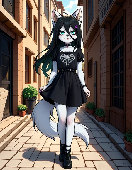 masterpiece, best quality, very aesthetic, absurdres,
outdoors,
full body, standing, posing, 
goth fashion, 
 seductive smile, parted lips, long eyelashes,
 <lora:Angel_v01_NAIXL:1>
4ng31,1girl,solo,furry,furry female,long hair,hair ornament,black hair,hair between eyes,animal ears,ear piercing,aqua eyes,snout,animal nose,choker,body fur,white fur,wolf tail,