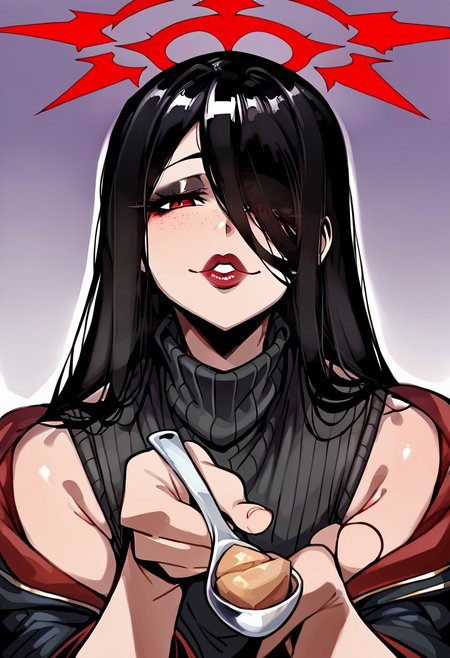 Score_9, score_8_up, score_7_up, score_6_up, Hires,4k,detailed background, hotel lobby, Source_cartoon, doppel style , goth makeup, 1boy,femboy, hasumi (blue archive) , shiny skin, big ass, thick thighs, wide hips, juicy thighs, plump thighs, long legs, freckles, detailed eyes, high quality eyes, large pupils, detailed face, pretty face, beautiful face, seductive look, eyes half closed, loving gaze, akward smile, shy smile, shy, eyeliner, eye bags, makeup, red lipstick, thick lips,big lips, Fleshy lips,Puffy lips,Detailed lips, wide lips, mascara,oversized black turtleneck wool sweater, lower body covered by sweater, barefoot,looking up at viewer,horny, small bulge, steamy, red halo, black hair, red eyes,very long hair, hair over one eye , standing, pov across table, upper body, incoming food, holding spoon