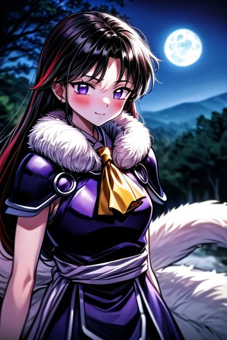 masterpiece,  best quality 1girl Setsun4 solo long hair,  (night time) forest background black hair very long hair purple eyes multicolored hair armor (fur trim) (medium body),<lora:EMS-179-EMS:0.800000>,<lora:EMS-293862-EMS:0.800000> bow, hair_bow, hair_tubes, red_bow, brown_hair, long_hair, bangs, ascot, frilled_bow, yellow_ascot, blush, smile, hair_between_eyes, athletic, armor, miko