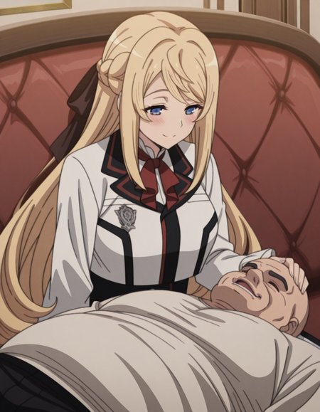 masterpiece, best quality, amazing quality,, <lora:ariel-anemoi-asura-s2-illustriousxl-lora-nochekaiser:1>, ariel anemoi asura, long hair, blonde hair, braid, french braid, mature female, medium breasts, anime screencap,, <lora:lap-pillow-illustriousxl-lora-nochekaiser:1>, lap pillow, sitting, hetero, lying, on back, looking at another, sleeping, hand on another's head, blush, smile, knees, on couch, <lora:faceless-ugly-man-illustriousxl-lora-nochekaiser:1>, faceless ugly man, faceless, ugly man, fat, faceless male, fat, bald, mature male,,
