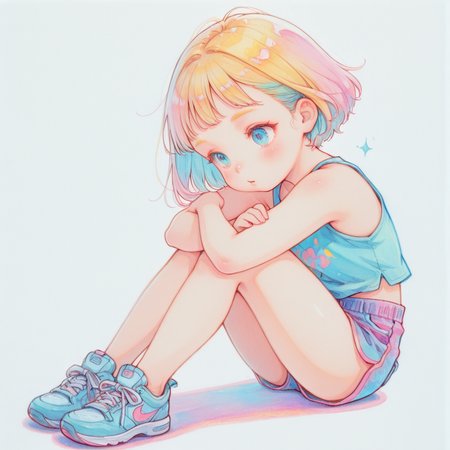 highly detailed, traditional media, cute, colorful, solo, 1girl, tank top, shorts, full body