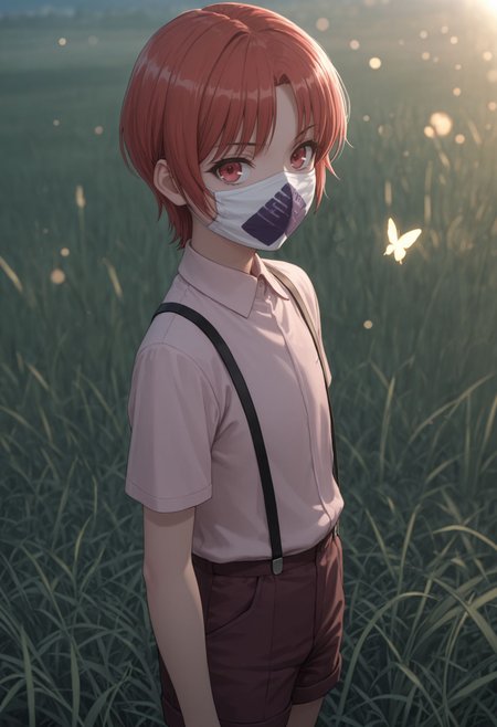 masterpiece,best quality,absurdres,highres,very aesthetic,high quality,detailed,insanely detailed,beautiful,perfect lighting, ,depth of field,blurry background,bokeh, looking at viewer, smile, grass, tall grass, blue sky, butterfly, standing
 <lora:Izumi Rita Illu :1> 1girl, short hair, red hair, , red eyes, mouth mask, , suspenders, collared shirt, short sleeves, pink shirt, shirt, shorts