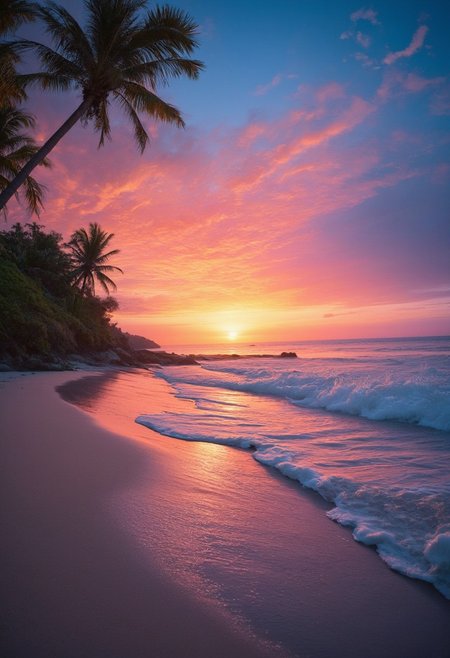 Create an ultra-high resolution, hyper-detailed, and realistic 8k photo of a tropical beach at sunset. The golden hour casts a warm glow over the scene, with palm trees silhouetted against the vibrant orange and pink hues in the sky. Soft waves lap at the shore, creating a tranquil atmosphere. Use soft lighting to enhance the natural beauty of the beach.