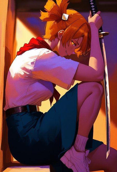 anime coloring, limited palette, masterpiece, highres, greatscore, absurdres,<lora:dvach:1> aldvch, 1girl, solo, orange hair, short twintails, short hair, twintails, hair ornament, orange eyes, white shirt, short sleeves, blue skirt, red neckerchief, belt,
traditional media, realistic, impressionism, oil painting \(medium\), realism, impasto, gestart333,( 86thunder:0.4), (cutesexyrobutts:0.6), 1girl,  solo, horror \(theme\), yandere, masterpiece, great score,  looking at viewer, holding katana, smug,  indoors, against wall, knee up, from side, sideways glance, sneakers, blurry focus, glowing eyes, slit pupils, (by in style of solo leveling manhwa, :1.3), anime coloring, masterpiece, highres, greatscore, absurdres,
<lora:nhl-001:1> nhl-001, limited palette, realistic