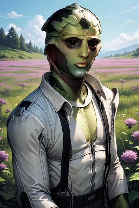 score_9, score_8_up, score_7_up,
<lora:METhane:1.0>
METhane, 1boy, alien, green skin, black eyes, looking at viewer, standing in a field of lavender, wearing a simple white shirt, soft pastel colors all around, calm and fragrant environment, gentle breeze
