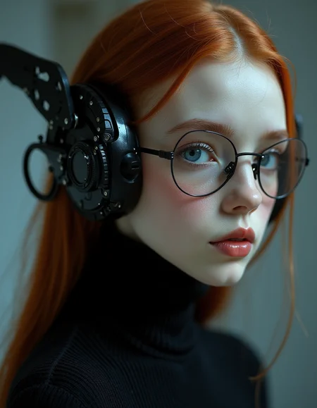 <lora:ck-Neurocore-Realistic-Cyborgs:1> in the style of ck-ncr, eye contact with an elegant petite teen girl cyborg robot, black ceramic material, full transparent glass head with mechanical parts, wearing a black sweater, her face is delicate, with angular features and luminous, almost ethereal white skin. Her large, almond-shaped eyes are a striking shade of deep blue, framed by long lashes.  Red hair, with mechanical angel wings, Sci-fi movie (style by George Shaw), shallow depth of field, vignette, (Fujicolor Superia X-TRA 400), looking at the camera, vantablack <lora:- Flux1 - vanta_black_V2.0:.6> <lora:neeeg_f1:-.5>