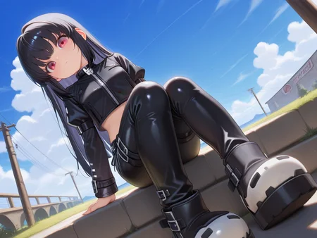dutch angle,foreshortening,<lora:IL_kooh:0.8>,1girl,solo,pgy_ko,kooh/(pangya/),cropped jacket,midriff,leather pants,skull boots,sit,looking at viewer,outdoors,straight hair,, masterpiece,best quality,amazing quality,very aesthetic,absurdres,