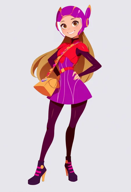 best quality, amazing quality, very aesthetic, absurdres, thick lineart,
1girl, hlhero, brown eyes, brown hair, long hair, 
handbag, helmet, high heels, pantyhose,
full body, hands on hips, standing,
smile, looking at viewer, solo, simple background, white background,   <lora:HoneyLemonNoobXL_byKonan:1>