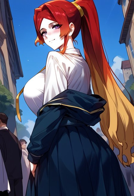zPDXL3, score_9_up, score_8_up, score_7_up, (Anime_source), 1girl, Marley, lavender eyes, multicolored hair, long hair, red hair, yellow hair, ponytail, school uniform, looking back, looking at viewer, dutch angle, smile, blush, closed mouth, half closed eyes,large breasts