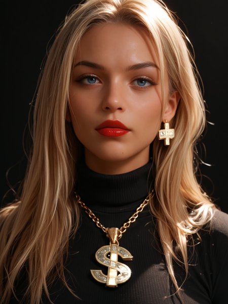 score_9, score_8_up, score_7_up, score_6_up, 1girl, blonde hair, long hair, blue eyes, red lips, dollar necklace, black background, turtleneck, large breasts, <lora:dollar_necklace_mabusius_pony_v1.0:0.9>