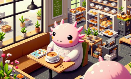 digital illustration in a vibrant, cartoon style, featuring (SUBJECT), axolotl, image of tiny cute anthropomorphized axolotls with pink frilly gills and round black eyes,  high-angle shot of a pink axolotl curled up in a booth in a little corner cafÃ©, dressed in a soft knit sweater and holding a warm chai latte with cinnamon on top; its frilly gills are relaxed, and its round black eyes are half-closed as it enjoys the calming aroma; tiny potted plants, a soft lamp, and a stack of books add detail, while the tilt-shift effect softly blurs the background of shelves lined with pastries and coffee mugs, creating an inviting, quiet moment in the cozy cafÃ©<lora:Axomodel_Flux_V2.safetensors:1.0:1.0> <lora:Katamari_Damacy_Style_FLUXCaption-000015.safetensors:1:1>