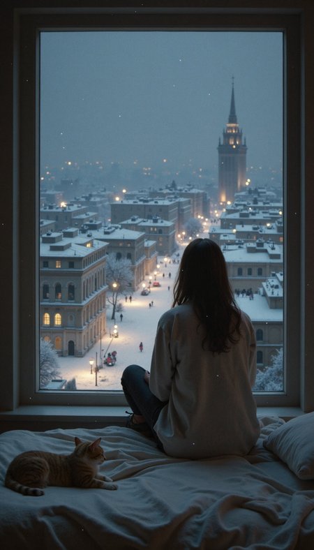 detailed city, A young woman sits contemplatively on a disheveled bed, her back to the viewer, gazing out a large window at a dusky, snow-dusted cityscape. Render this scene in a meticulously detailed, hyperrealistic style, emphasizing the contrast between the warm, inviting interior and the cold, imposing exterior. The woman's hair should cascade down her back, obscuring her features, her pose conveying a sense of quiet introspection. A small cat perches on the bed beside her, its gaze mirroring the woman's outward focus. Bathe the scene in soft, diffused light emanating from the city lights, reflecting off the falling snow and casting long, dramatic shadows across the room. The camera angle should be a medium shot, capturing both the woman's solitude and the grandeur of the city beyond the window. Focus on the interplay of light and shadow, texture and detail, to evoke a palpable sense of atmosphere and emotional resonance.