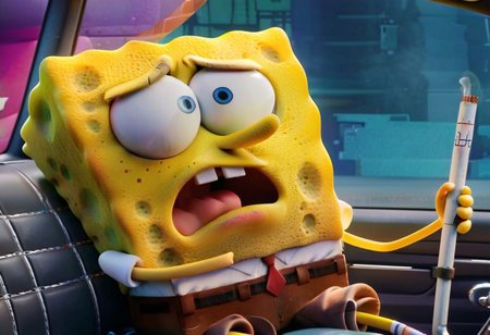 SpongeBob SquarePants is riding a scooter with sysdeep_elsa sitting on the back seat. sysdeep_elsa is tightly hugging SpongeBob, her face pressed against his back. SpongeBob has a tired and apathetic expression, with a cigarette dangling from his mouth. The camera angle captures a side view of the scene, focusing on the characters and their expressions.