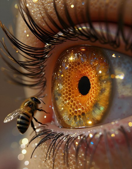 Illustrate a surrealist, macro-level close-up of a human eye with a perfectly formed honeycomb pattern fused into the iris, where the hexagonal cells appear to extend inward like a tunnel of light and order, each chamber subtly pulsing with golden illumination. The pupil rests at the center of this hive tunnel, a dark portal surrounded by symmetry and structure, suggesting a balance between organic instinct and intelligent design. The skin surrounding the eye is covered in a biomimetic mesh resembling beehive architecture—hexagonal tessellations that stretch like scales across the lid, brow, and upper cheek, blending seamlessly with natural skin tones. A single honeybee lands delicately on the lower eyelid, its tiny wings catching the ambient light, its fine legs gently touching the boundary between the hive eye and human skin as though delivering a secret. The bee is captured in perfect anatomical realism, its eyes reflecting the honeycomb pattern it seems drawn to. The eyelashes curve like antennae, slightly iridescent at the tips, creating a unified aesthetic between insect and human. Lighting should be dramatic but intimate—highlights glinting off the wet iris surface, shadows forming between the skin’s honeycomb ridges, and a subtle lens flare in the reflection of the bee’s eye. The concept should convey the union of nature and consciousness, where the eye becomes the central organ of the hive—a visual metaphor for collective intelligence, ecological awareness, and the quiet, powerful intelligence of pollinators in a shared biosphere. Let the entire composition radiate reverence for the elegance of bees, the miracle of vision, and the hidden geometries of nature woven into the human form.                                       <lora:Surreal_Photo:0.6000000000000001> <lora:FluxDFaeTasticDetails:0.4000000000000001>