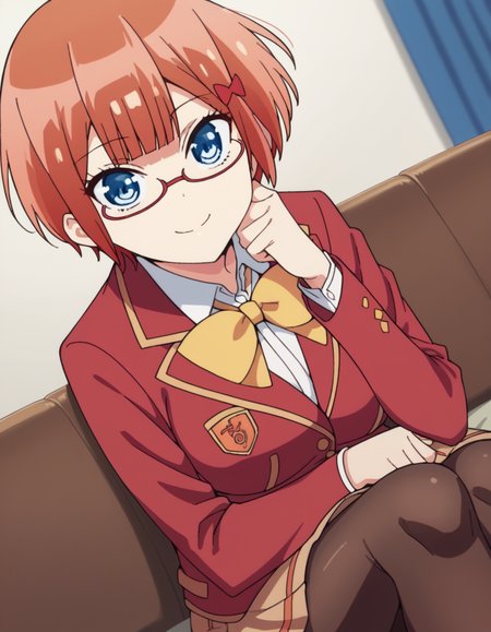 score_9, score_8_up, score_7_up, source_anime, <lora:rizu-ogata-s2-ponyxl-lora-nochekaiser:1>, rizu ogata, blue eyes, glasses, hair bow, red bow, red-framed eyewear, short hair, orange hair, large breasts,, blazer, red blazer, bow, jacket, pantyhose, pleated skirt, school uniform, shirt, skirt,, indoors, smile, looking at viewer, solo, sitting, head rest,, cowboy shot, dutch angle