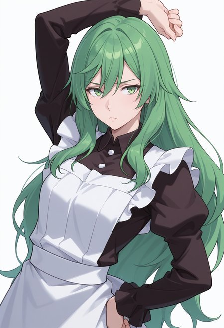 Smooth Quality,masterpiece,very intricate, high quality details, ultra realistic, high detailed skin,detailed enviorement,absurdres,
simple background, white background, 
sideways,stretching, one arm raised, other on hip, slight side bend, relaxed body,  ,disappointed,
 <lora:Misery_cnn:0.8> 1girl, green hair, green eyes, hair between eyes, frown, very long hair, sidelocks,dress, shirt,maid apron, puffy sleeves, long sleeves, juliet sleeves, enmaided,