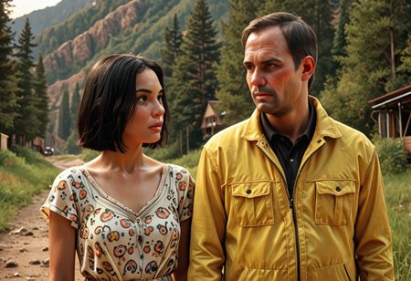 cinematic film still, lifestyle shot
saturated colors,  
negative space, 
1 adult man, 
RDR2John, black hair, brown eyes, facial hair
(breaking bad style), face of Jessie Pinkman, short hair, fair complexion, casual dress code, 
leading lines, ray tracing, 
backdrop is a cowboy camp in 1899, 10am.