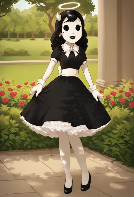 (Masterpiece, best quality:1.2), score_9, score_8_up, flat color, flat shading, soft shading, lighting, Alice Angel in a 1950's dress, a fluffy frilly ruffled full petticoat, and high heels, dress, layered petticoat, frilly petticoat, fluffy petticoat, full petticoat, wide dress, flowing dress, solid colored skirt, short sleeves, black hair, Bendy and The Ink Machine, series accurate, cute, best high quality, high res, black lips, white colored skin, whole body shot, 1girl, solo, outside, posing, in a garden, cute, adorable, smile, skirt tug, ground level angle, dress lift, cartoon, cartoon style, vector, solo, circle dress, 1950s, alice angel