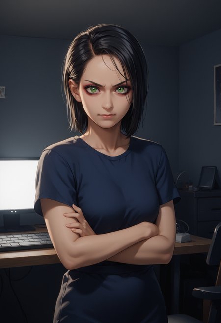 score_9, score_8_up,score_7_up, source_anime, 1girl, solo, <lora:trllsdr_pdxl_EliPot:1> swtrsu, medium hair, black hair, green eyes, mature female,makeup, v-shaped eyebrows,
gallant, intense gaze, slight smirk, arms crossed, wide stance, forward posture,
otaku room, dark room, glowing in the dark, night time, messy room, bedroom, computer, litter, uv blacklight,