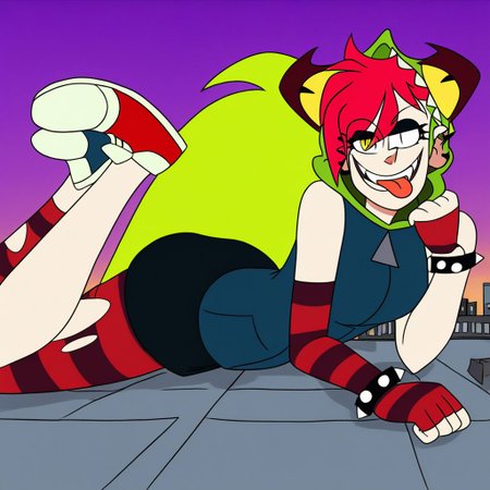demencia, red hair, green ponytail, striped thighhighs, single striped sock, anklet, green monster hood, yellow eyes, sharp teeth, dark blue hoodie, single striped sleeve, red sneaker, blue sneaker, black skirt, smile, eyeshadow, spiked bracelet, zipper pull tab, torn pantyhose, glove, tongue out, Pov-giantess (macrogts:1.1) (laying on a city (prone) at sunset:1.1), the buildings underneath her body are crushed,